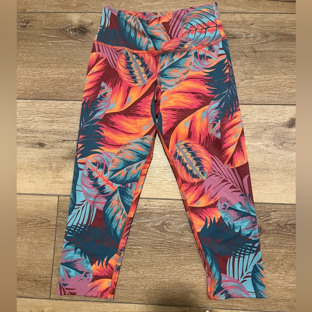 Onzie Knee-Length leggings with fun bright floral tropical leaves print